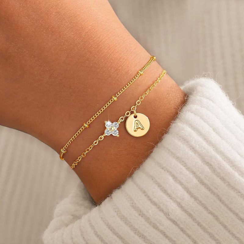 M MOOHAM Valentines Gifts for Teen Girls Women - Dainty Four Leaf Clover Bracelet for Women Trendy Personalized Initial Bracelet for Teen Girls Jewelry Valentines Gifts - Image 2